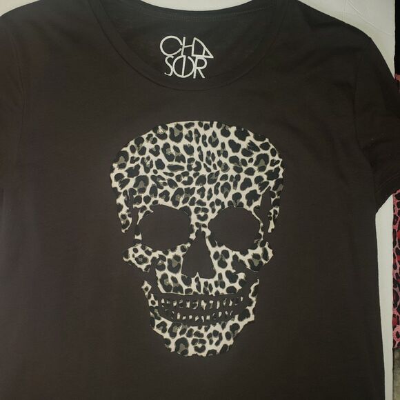 CHASER Brown Leopard Print Skull T Shirt Womens Size Small - Picture 3 of 9
